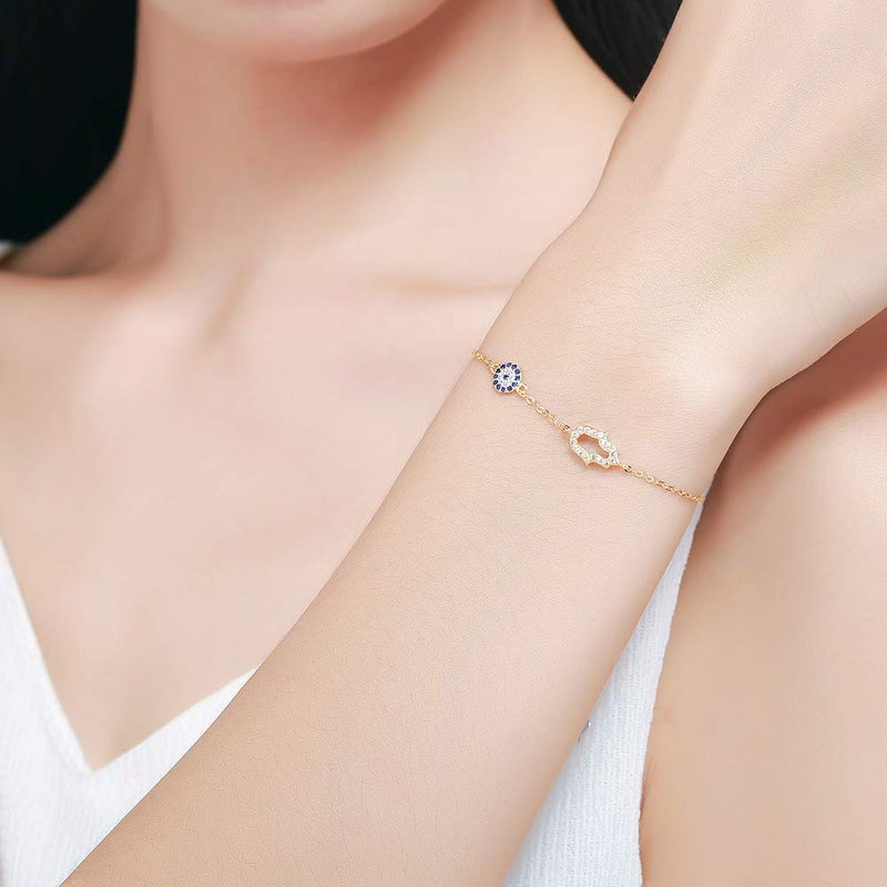 Kaletine Hamsa Hand of Fatima Evil Eye Bracelet Sterling Silver 925 Blue Cubic Zirconia Chain 6.5"+1.5"(Gold) - Image 2